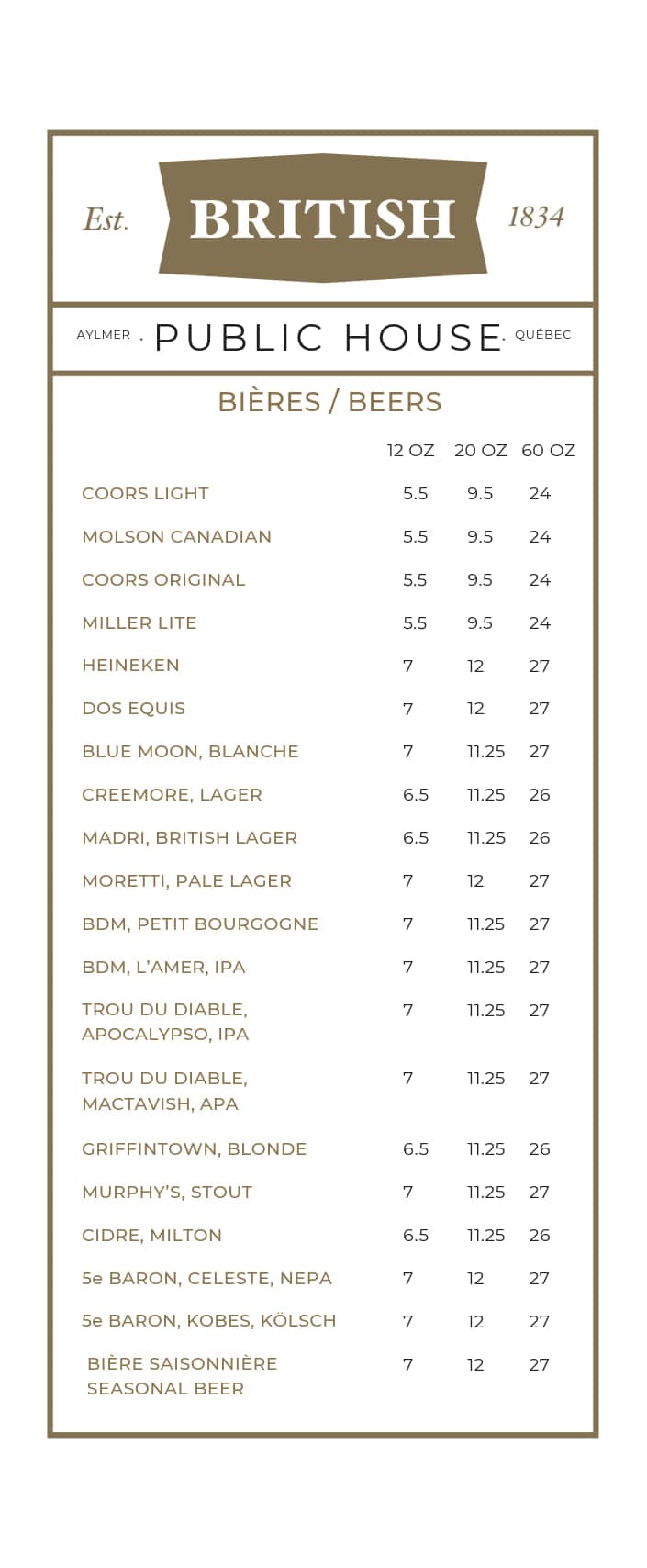 Drinks menu, page 1