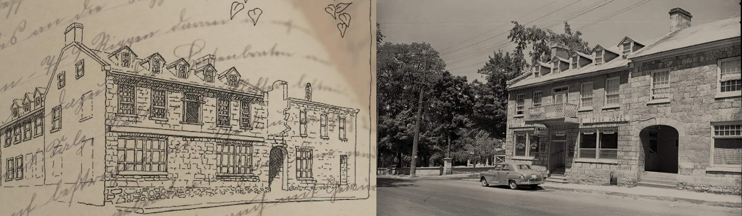 A sketch of the original British Hotel beside a 1950s photo of the building